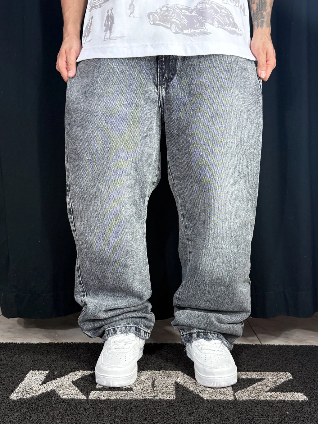 Calça Jeans Baggy Cinza Estonado