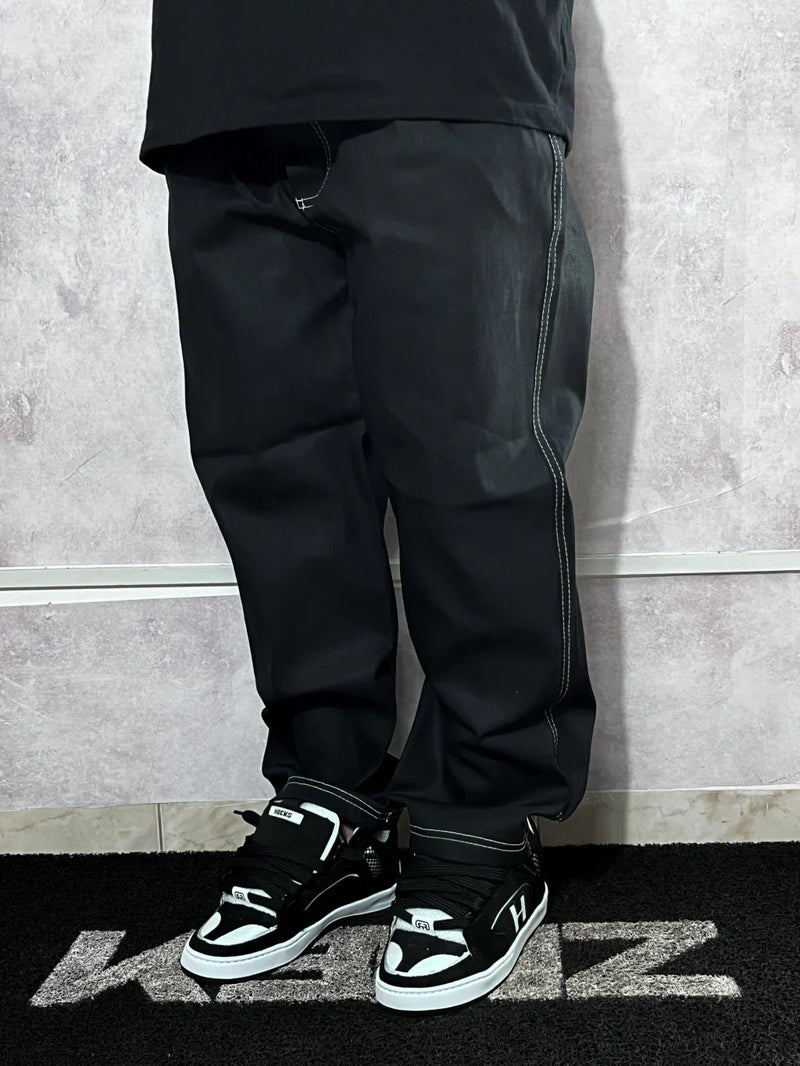 Calça Baggy Jeans Preto Costuras Brancas